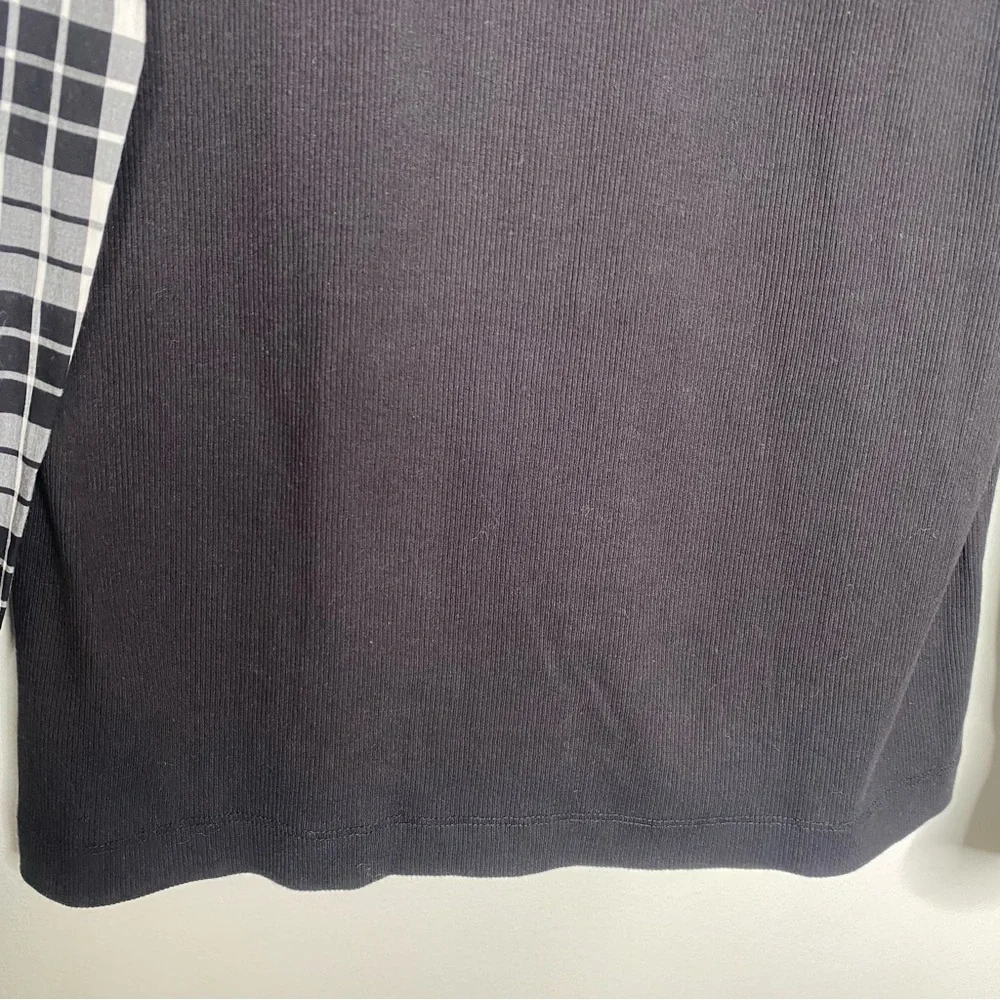 Loft Long Plaid Sleeve Knit Top Black Ivory Sz M